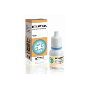 BETALMIC očné kvapky 0,5 % 10 ml, balenie zobrazené spolu s fľaštičkou, viditeľné detaily a značka.