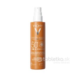 VICHY Capital Soleil fluidný sprej SPF50+ 200 ml v oranžovej fľaši s bielou pumpičkou poskytuje ochranu pred slnkom.