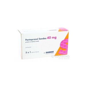 Sandoz Pantoprazol prášok na injekčný roztok 40 mg, 5 liekoviek, balenie s označením dávky.