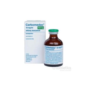 Carbomedac infúzny koncentrát 10 mg/ml, 1 x hneďá sklenená injekčná liekovka a škatuľa, varianta bez dekorácií.
