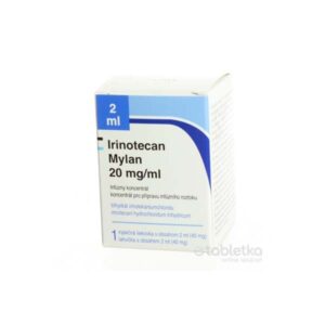 Mylan Irinotecan infúzny koncentrát 20 mg/ml 2 ml, biela a modrá škatuľa.
