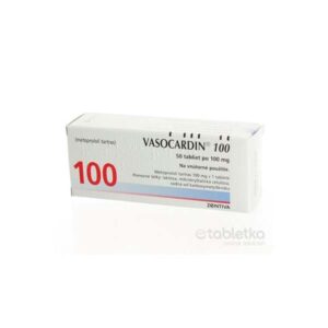 VASOCARDIN tablety 100 mg, 50 ks, originálne balenie s informáciami a značkou na obale.