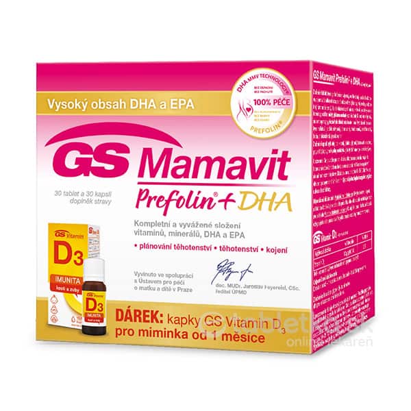 GS Mamavit Prefolin + DHA + darček vitamín D3 kvapky 30tbl + 30cps