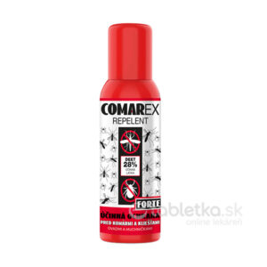 COMAREX Repelent FORTE sprej 120ml v červeno-bielej nádobe s 28 % DEET, na etikete sú zobrazené komáre a kliešte.