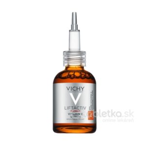 Hnedá sklenená fľaša VICHY LIFTACTIV Supreme Vitamín C sérum 20 ml s kvapkadlom na bielom pozadí, sérum s antioxidantmi.
