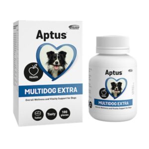 Aptus Multidog Extra 100 tabliet, balenie a fľaša pre psov s obrázkom Border kólie, obsahuje 100 tabliet na podporu vitality psa.