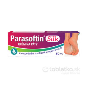 Parasoftin Silk krém na päty 50ml, s obrázkami chodidiel a informáciou o obsahu bambuckého a cupuacu masla.