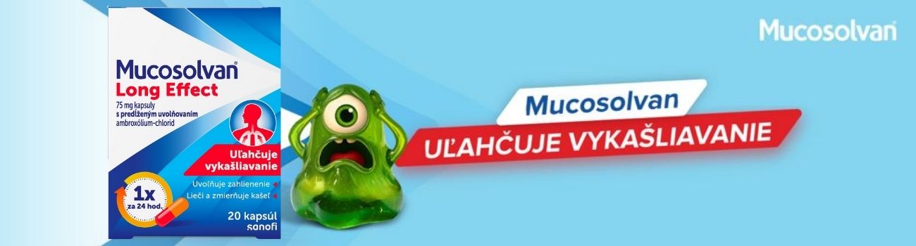Balenie Mucosolvan Long Effect kapsúl s textom v slovenčine a zelenou kreslenou postavou na modrom pozadí.