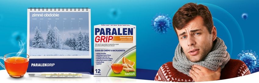 Muž so šálom sedí vedľa krabičky Paralen Grip horúci nápoj pomaranč a zázvor, teplomera, šálky hotového nápoja a zimného kalendára, banner s ilustráciami vírusov.
