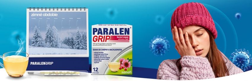 Teplomer, kalendár, balenie Paralen Grip horúci nápoj echinacea a zázvor, šálka hotového nápoja a žena v ružovej čiapke sa nachádzajú na modrom pozadí s vírusmi.