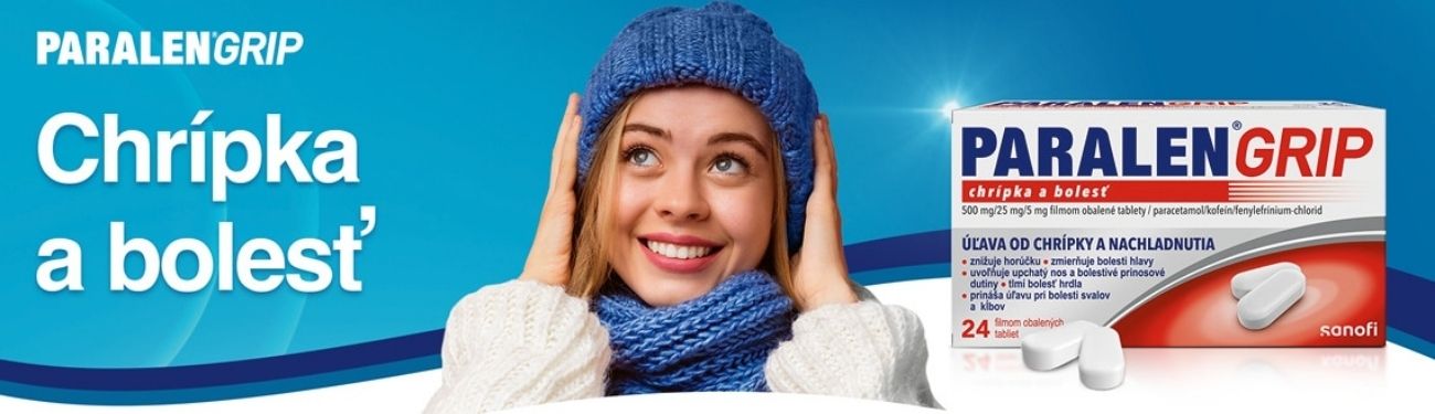 Krabička lieku Paralen Grip vedľa muža, ktorý sa dotýka hlavy a krku s červenými bodmi na označenie bolesti; slovenský text o úľave pri chrípke a nachladnutí.