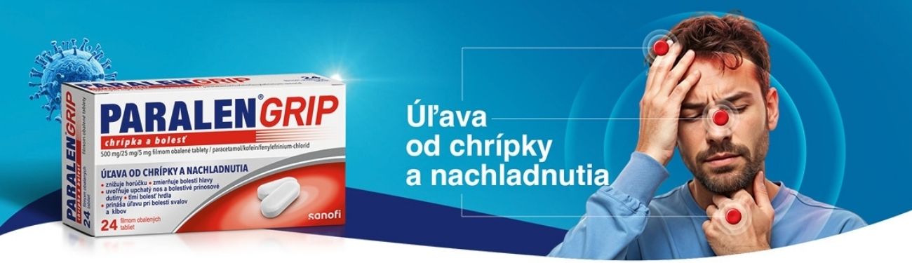 Krabička lieku Paralen Grip vedľa muža, ktorý sa dotýka hlavy a krku s červenými bodmi na označenie bolesti; slovenský text o úľave pri chrípke a nachladnutí.