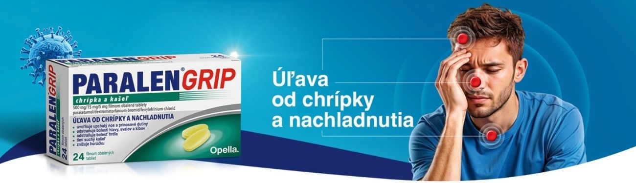 Muž sa dotýka čela, na hlave a oblasť krku má zvýraznenú červenou farbou ako symbol ochorenia dýchacích ciest. Vedľa neho je škatuľka Paralen Grip so slovenským textom.