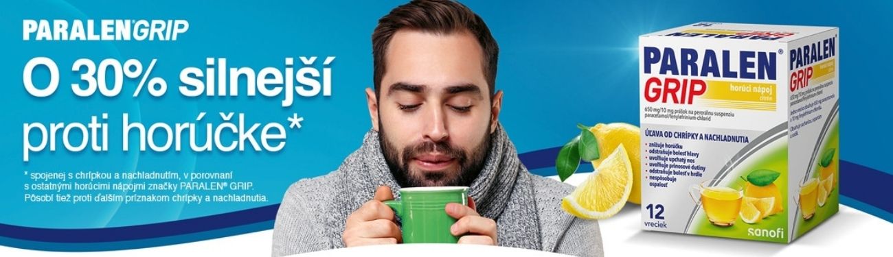 Muž drží zelený hrnček, vedľa je krabička Paralen Grip s obrázkami citróna, čaju a zázvoru a českým textom o silnejšom účinku na horúčku.