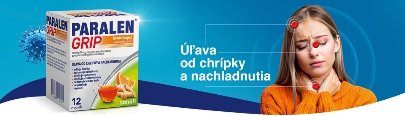 Krabička lieku Paralen Grip vedľa ženy s rukou na krku a čele, banner so slovenským textom o úľave pri chrípke a prechladnutí.