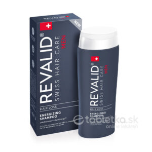 REVALID Men Hair Loss Energizing šampón 200ml, tmavomodré balenie, biele a červené prvky, na červennúce vlasy.
