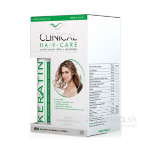 Clinical Hair-Care Keratín kúra cps 120x + 100ml darček, obal s vyobrazením ženy s dlhými vlasmi vpredu.