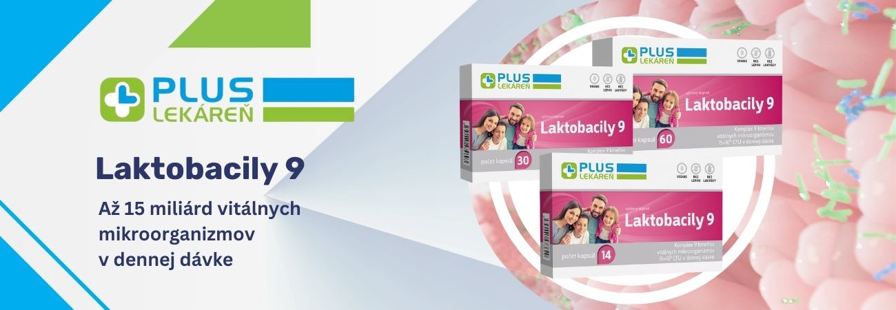 Krabičky výživivého doplnku Plus Lekáreň Laktobacily 9 s informáciami v slovenčine, propagujú probiotiká s dávkou do 15 miliárd baktérií.