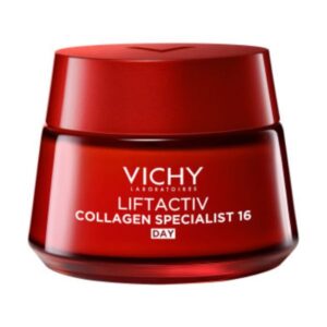 Červený tédglik s nápisom VICHY LIFTACTIV COLLAGEN SPECIALIST denný krém proti vráskam 50 ml na bielom pozadí.