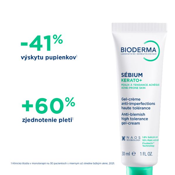 BIODERMA Sébium Kerato+ Gél-krém proti nedokonalostiam - výsledky Zobrazená je tuba BIODERMA Sébium Kerato+ Gél-krém 30 ml s textom o 41 % menej vyrážok a 60 % zlepšenie textúry pokožky.