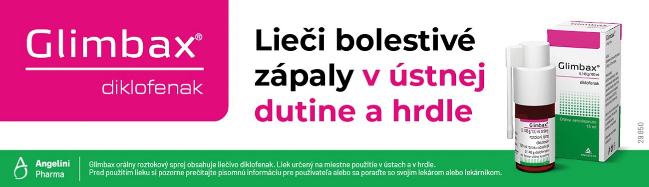 Balenie Glimbax ústneho spreja obsahujúceho diklofenak, fľaša a odmerka s textom v slovenčine o použití pri bolesti a zápale v ústach.