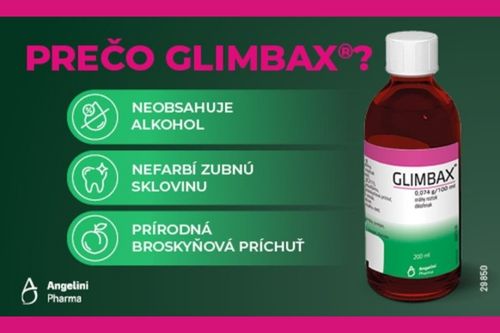Fľaša Glimbax ústneho roztoku od Angelini Pharma vedľa textu s informáciou o výhodách roztoku: bez alkoholu, nefarbí zuby, prírodná broskyňová príchuť.