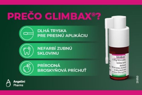 Fľaša Glimbax spreja od Angelini Pharma vedľa textu s informáciou o výhodách: dlhá tryska pre presnú aplikáciu, nefarbí zuby, prírodná broskyňová príchuť.