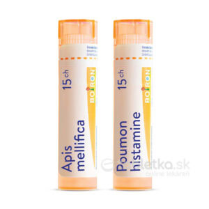 Homeo sada Alergie všeobecne obsahuje dve homeopatické tuby Boiron s oranžovými vrchnákmi, postavené na bielom pozadí.