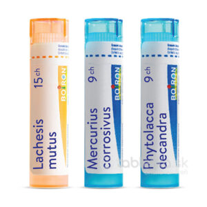 Tri tuby Homeo sada Angína (Negatívny Streptotest) stoja zvisle, každá má čitateľný štítok na identifikáciu.