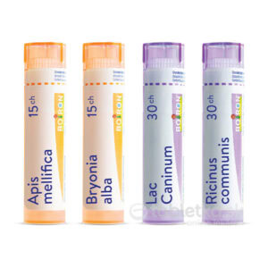 Homeo sada Odstavenie od dojčenia Boiron obsahuje tuby Apis mellifica, Bryonia alba, Lac Caninum, Ricinus communis.