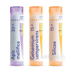 Tri tuby Homeo sada Podpora očkovania proti Covid 19 stoja vedľa seba vo zvislej polohe.