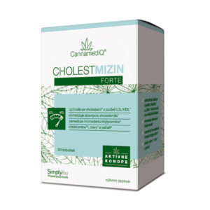 CannamediQ CHOLESTMIZIN Forte 30 kapsúl, doplnok výživy na podporu cholesterolu, v zelenej a bielej škatuľke s českým textom.