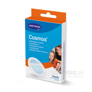 Balenie Cosmos Burns hydrogélových náplastí na popáleniny 43x68mm (8 ks), údaje o produkte, obrázok ženy a dieťaťa.