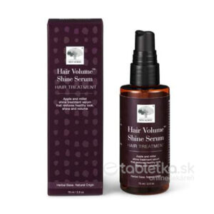 Fľaša a škatuľa NEW NORDIC Hair Volume vyživujúce sérum na vlasy 75 ml s extraktmi z jablka a prosa pre lesk a objem.