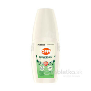 Biela fľaša OFF! Botanicals repelent na rastlinnej báze 100 ml so zeleným štítkom s listami, rastlinami a informáciami o produkte.