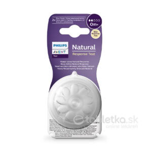 AVENT Cumlík Natural Response 2 pre novorodencov, silikónový, 2 ks v bielom balení. Informácie vo viacerých jazykoch.