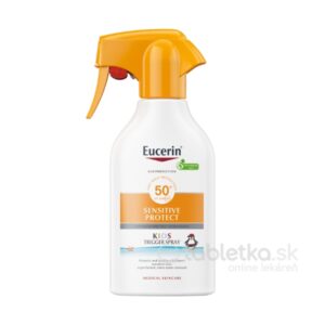 Eucerin Sun Sensitive Protect SPF 50+, detský sprej na opaľovanie 250 ml s ochranným faktorom SPF 50+ pre citlivú pokožku.