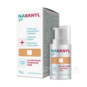 Krabička a fľaštička NARANYL gél 15g, liečivý gél na rany, slovenský text, zdravotné symboly a zreteľná značka.