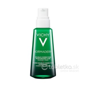 Zelená fľaša VICHY Normaderm hydratačný krém s dvojitou korekciou 50ml s bielym pumpičkovým dávkovačom na hydratáciu pleti.