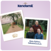 Dve polaroidové fotografie: kravy na poľnej ceste, traja muži v exteriéri. Hore logo Kendamil na fialovom pozadí.