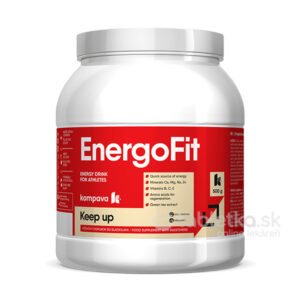 Bielo-červená nádoba Kompava EnergoFit prášok, príchuť pomaranč 500g, uvádza zloženie a výživné hodnoty pre športovcov.