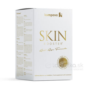 Biela škatuľa Kompava SkinBooster prášok 300g, potravinový doplnok so zlatým písmom, informácie o kolagéne a značka.