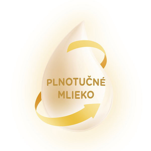 Štylizovaná kvapka mlieka s nápisom PLNOTUČNÉ MLIEKO a zlatou šípkou dookola na bielom pozadí, reklama na Sunar Complex 1.