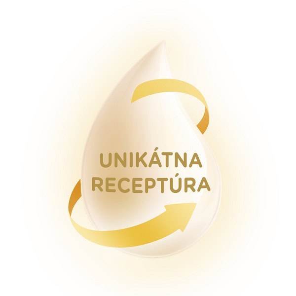 Zlatá kvapka s nápisom UNIKÁTNA RECEPTÚRA a zlatou šípkou, ktorá ju obkolesuje. Reklama na výživu Sunar Complex.
