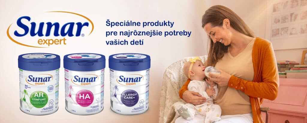 Sunar Expert - špeciálna dojčenská výživa pri tráviacich ťažkostiach, zvýšenom riziku vzniku alergií i alergii na BKM