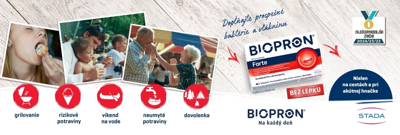 Škatuľka doplnku BIOPRON® Forte a informácie, že doplnok dopĺňa vlákninu a probiotiká, čo je vhodné pri rôznych príležitostiach