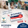 Koláž s produktom BIOPRON Forte 10 kapsúl, zobrazujúca ľudí pri jedle, krabičku, vyznačené benefity a odznak ocenenia.