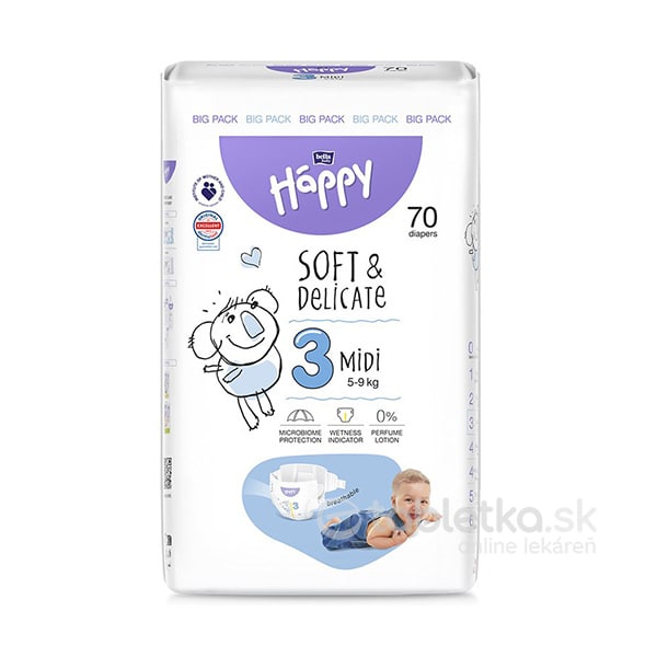 E-shop Bella Happy Soft&Delicate 3 Midi detské plienky (5-9kg) 70ks