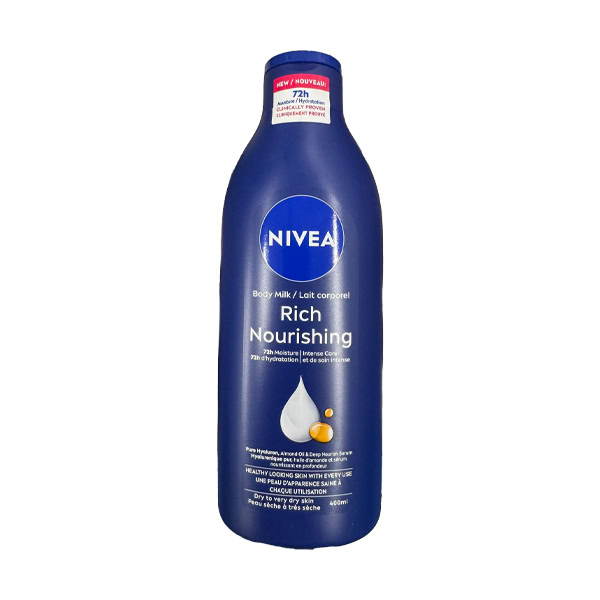 NIVEA Nutriente telové mlieko pre veľmi suchú pokožku 400ml Modrá 400ml fľaša NIVEA Nutritive telového mlieka pre veľmi suchú pokožku s informáciou o 72-hodinovej hydratácii.