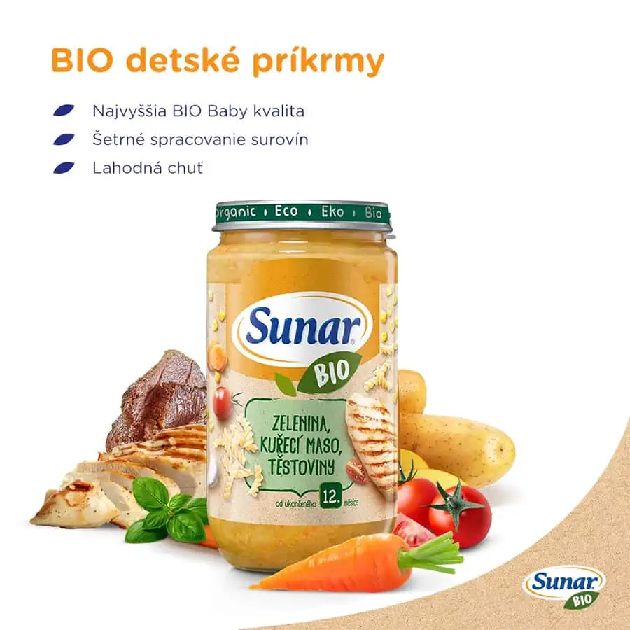 Sunar BIO príkrm Zelenina, kuracie mäso, cestoviny 12m+, 235g